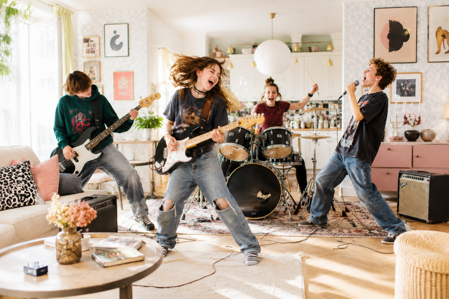 Ett ungdomsband spelar energiskt i ett ljust vardagsrum. En gitarrist i mitten kastar med håret medan hen spelar elgitarr, en basist står till vänster, en trummis spelar längst bak och en sångare sjunger i en mikrofon till höger. Instrument, förstärkare och kablar ligger utspridda på en matta, och rummet är inrett med växter, tavlor och varma färger. Atmosfären är livlig och fylld av energi.